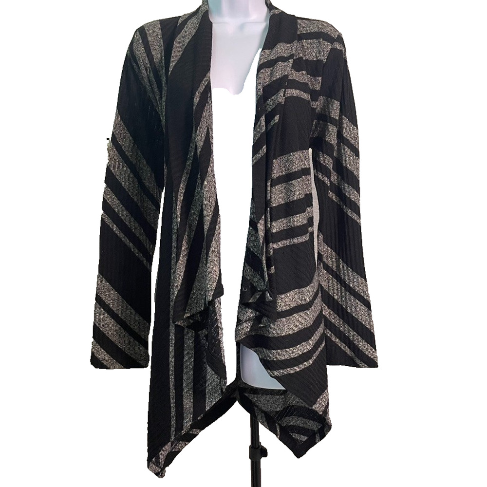 Lily White Open Front Cardigan Womens M Black Gray Striped Draped Boho Minimal